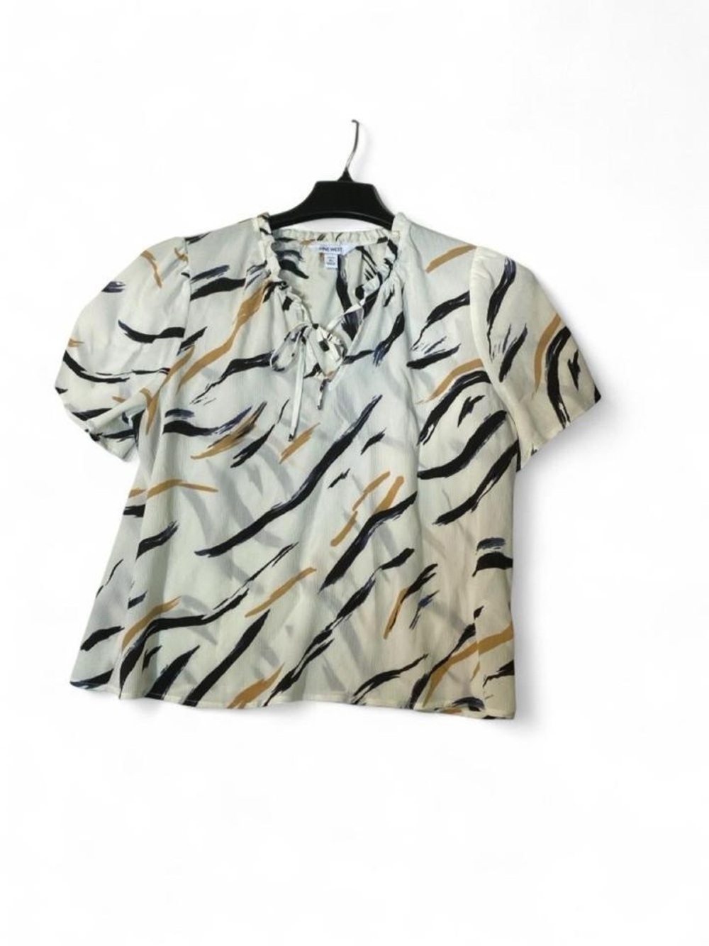 Nine West Cream Blouse with Black and Tan Brushstroke Print